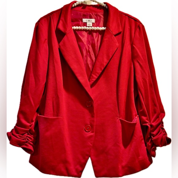Women’s CATO Red blazer / jacket - Fully Lined, Knit, Ruched Sleeves, Large - Picture 2 of 5